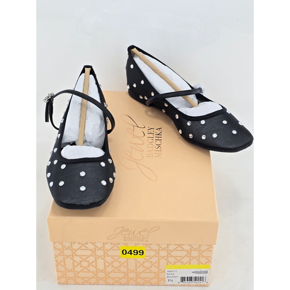 Jewel Badgley Mischka Kaya Flats Womens 7.5 Black Mesh Rhinestone - New